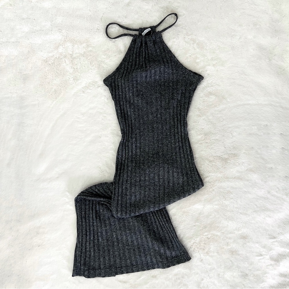 Floor Length Dark Grey Ribbed Dress